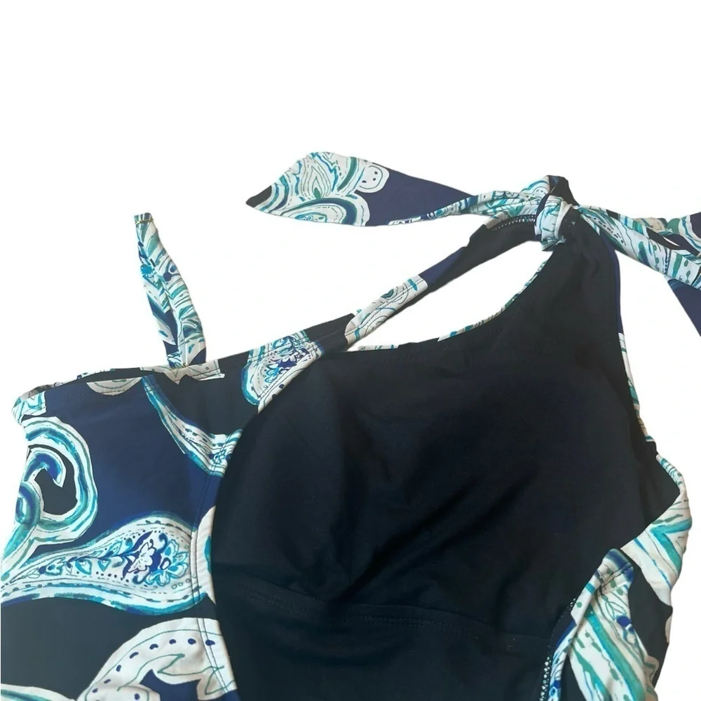 Swim Solution One Shoulder Navy Paisley One Piece Swimsuit Tummy Enhancer - Picture 14 of 15